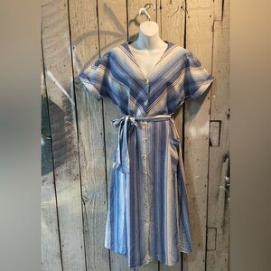 Warehouse UK vtg style blue cream chevron Striped V-Neck button down dress US 12